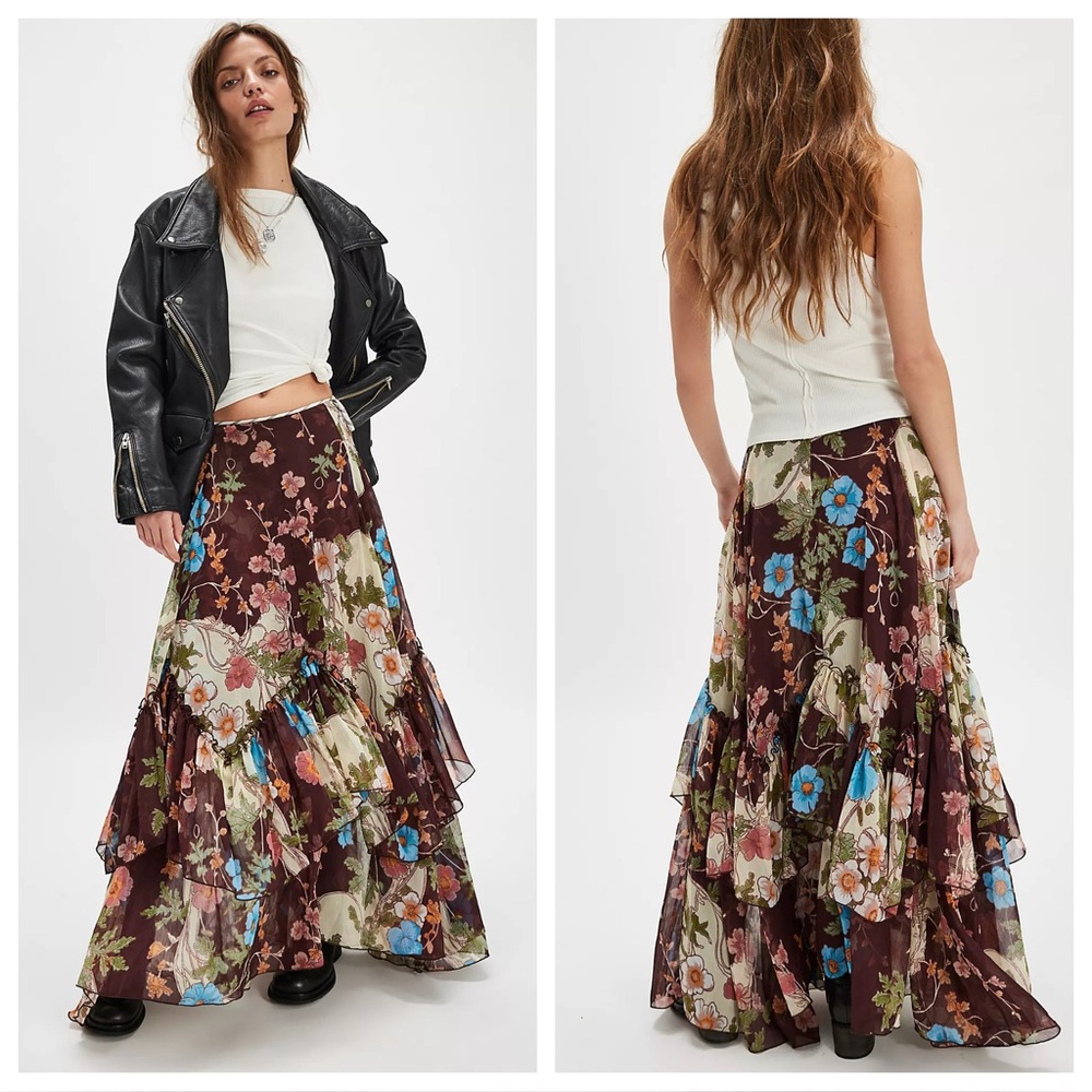 Free People Palermo Villa Chiffon Floral Maxi Skirt Chocolate Combo